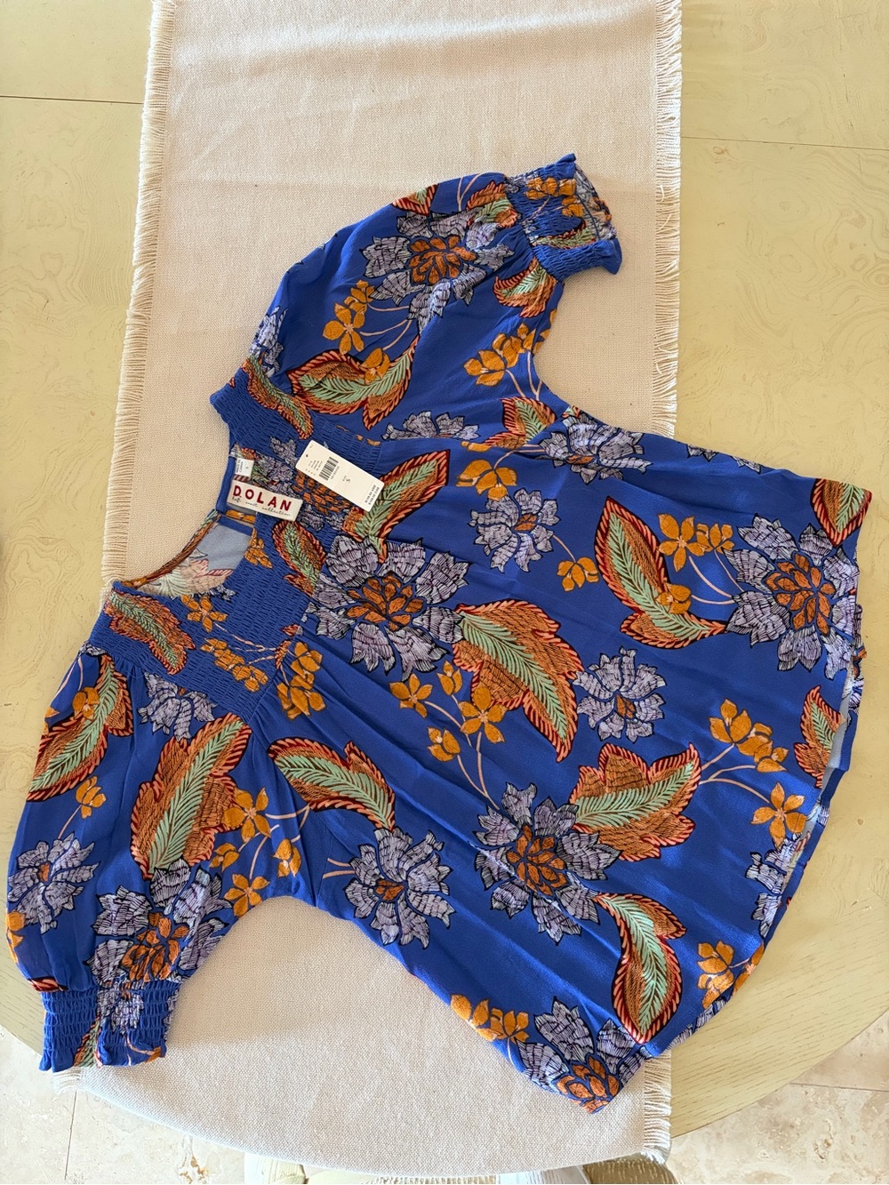 Dolan Royal Blue Floral Smocked Sleeve Blouse women’s Size Small